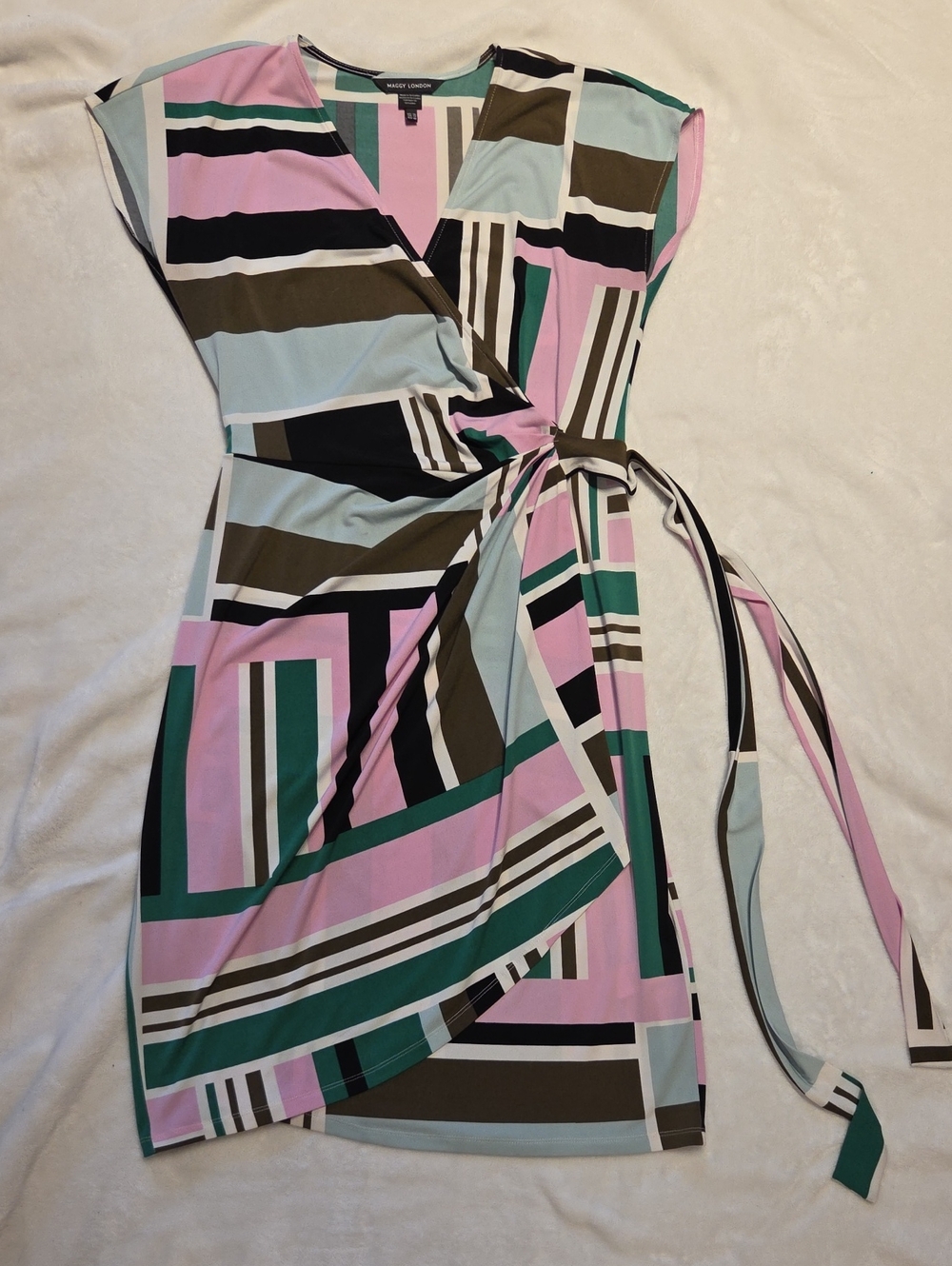 Maggy London Geometric Wrap Mini Dress in Pink, Mint & Olive